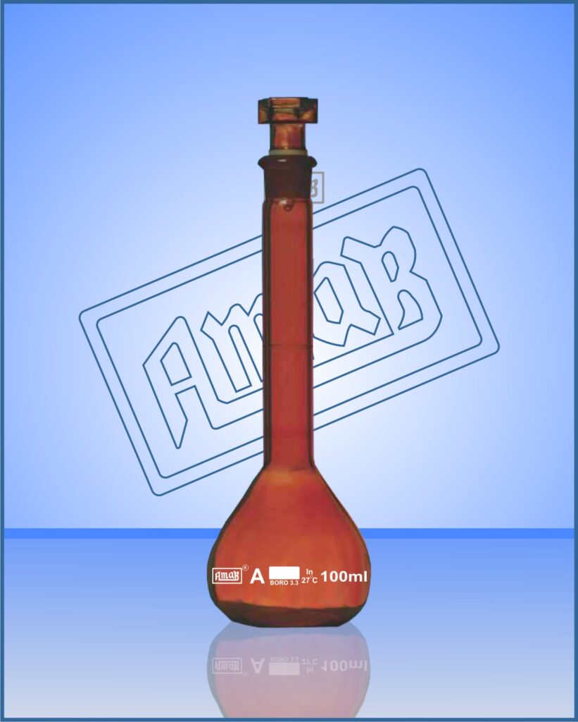 Measuring Flask, Class A with Glass Stopper, NABL Certified, Amber Coated