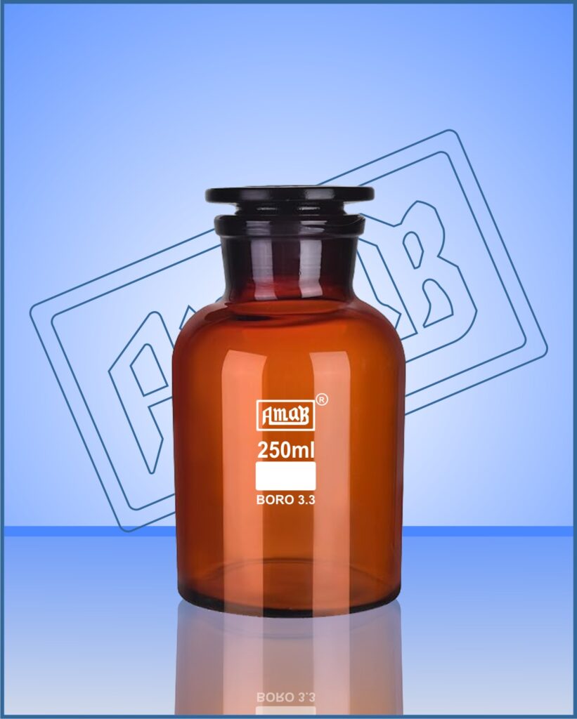 Reagent Bottle,  Interchangeable Glass Stopper, Wide Mouth, Amber
